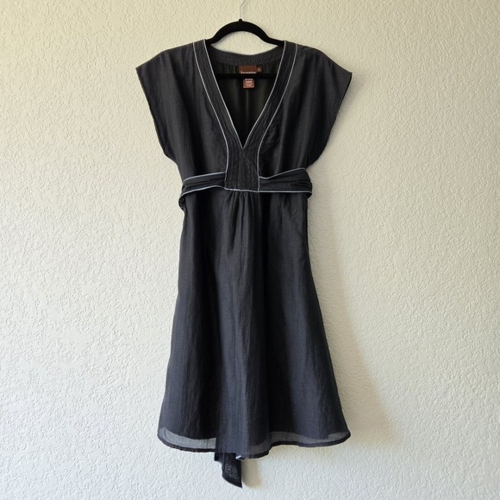 Karanina Black Silk Cotton Empire‎ Waist V-Neck Tie Back Dress Size 4